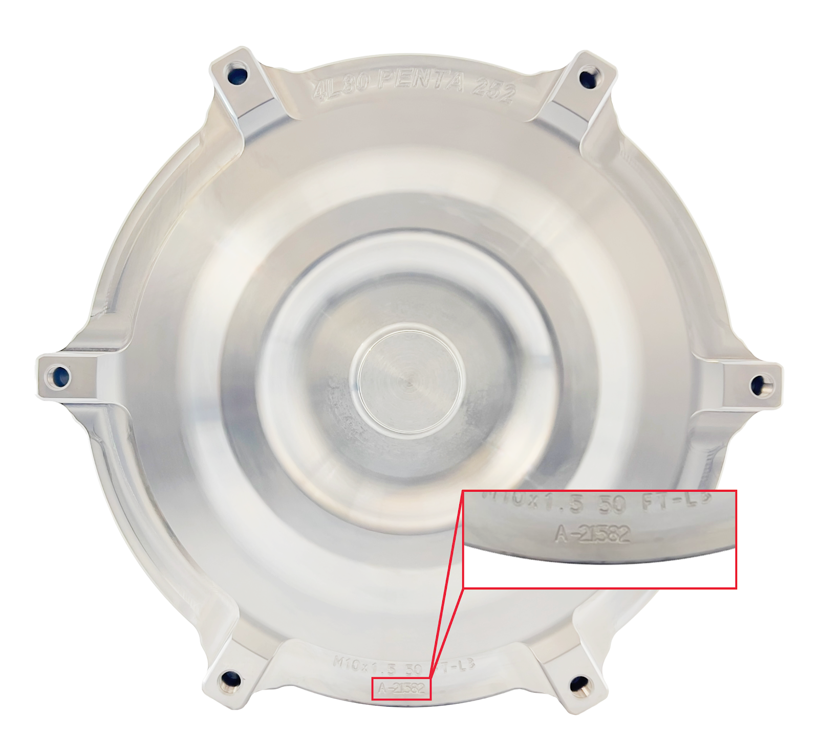 Serial number location on torque converter front cover — example: A-21582